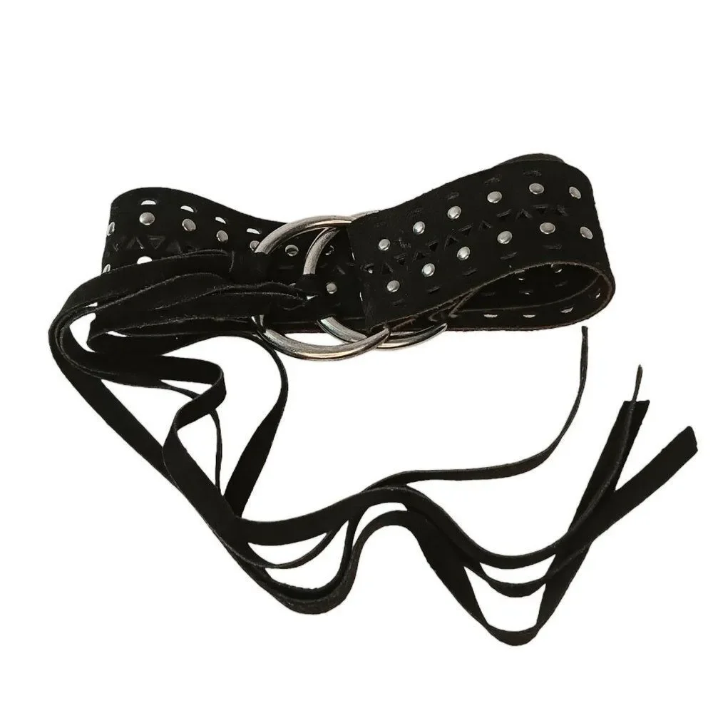 SOLD - Black Leather Belt Cutouts Silver Studs Large Silver Rings Tassles Italy - Picture 2 of 10
